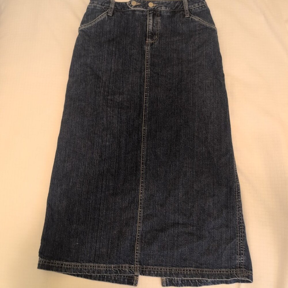 Eddie Bauer Dark Wash Denim Midi Length Jeans Skirt Sz 6